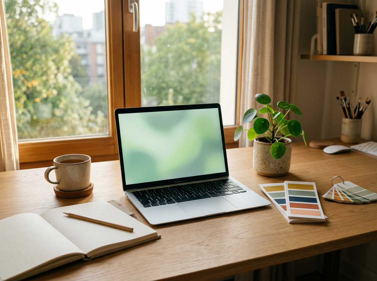 A tidy studio desk with a laptop, notebook, colour swatches and a small plant by a window