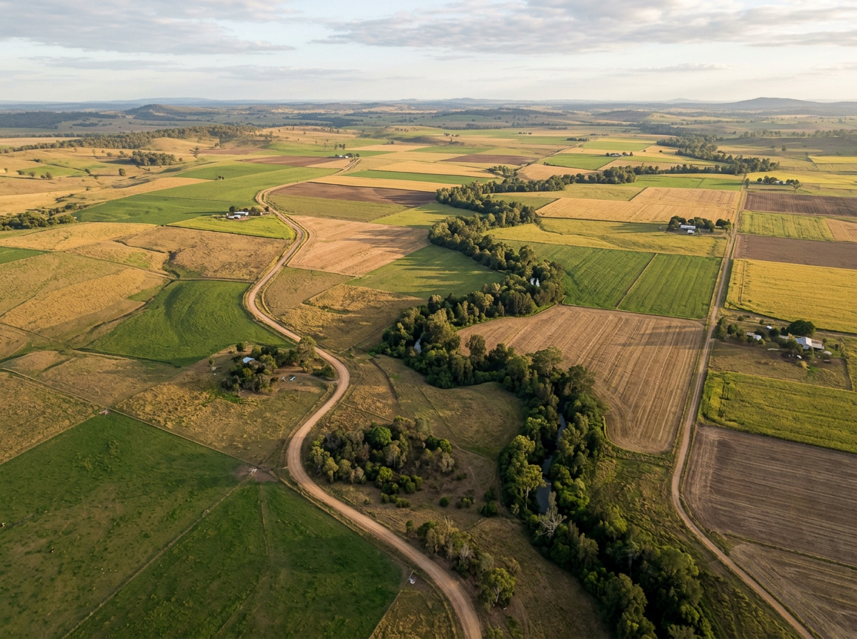Aerial view of green and golden Queensland farmland paddocks