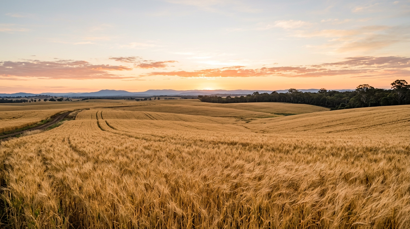 Golden wheat fields on the Darling Downs under a soft sunrise sky